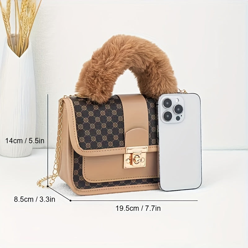Women'S Vintage Faux Fur Shoulder Bag with Geometric Pattern, Retro Style, Lightweight, Detachable Chain Strap, Safety Lock Closure, Polyester Lining, Ideal for Casual Dates & Special Occasions, Available in White, Black, and